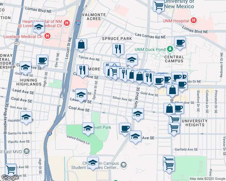 map of restaurants, bars, coffee shops, grocery stores, and more near 202 Maple Street Southeast in Albuquerque