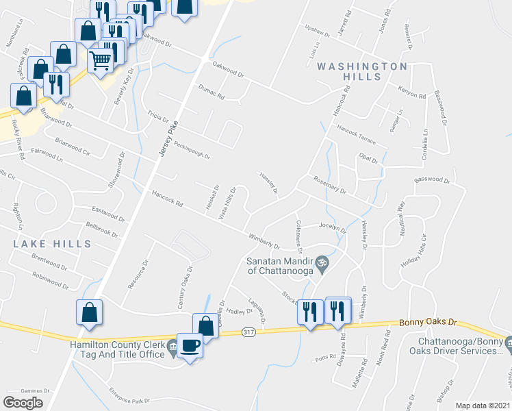 map of restaurants, bars, coffee shops, grocery stores, and more near 7725 Hancock Rd in Chattanooga