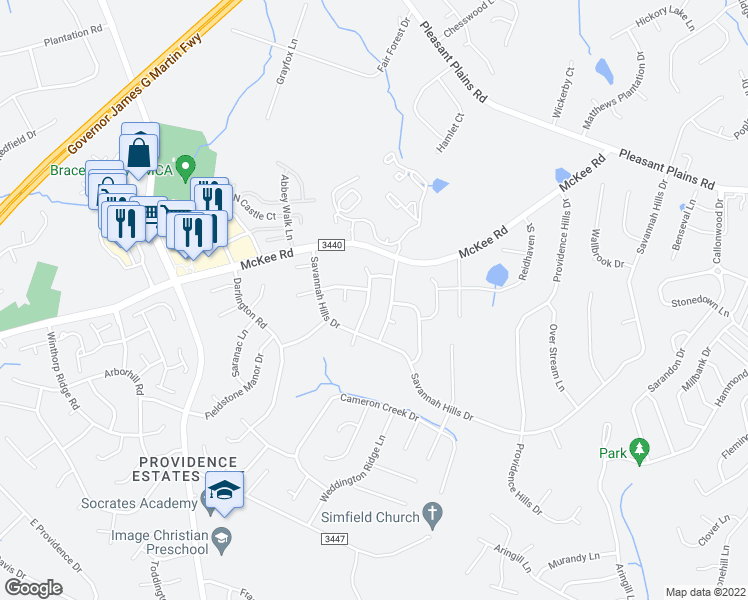 map of restaurants, bars, coffee shops, grocery stores, and more near 7408 Lamplighter Close Drive in Matthews