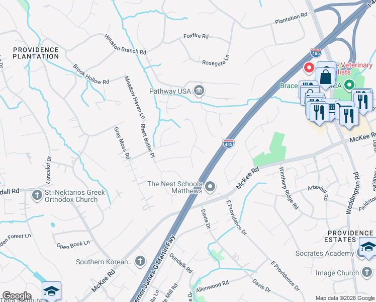 map of restaurants, bars, coffee shops, grocery stores, and more near 3410 12 Oaks Place in Charlotte