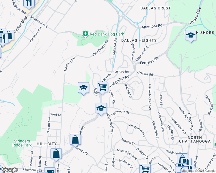 map of restaurants, bars, coffee shops, grocery stores, and more near 715 Old Dallas Road in Chattanooga