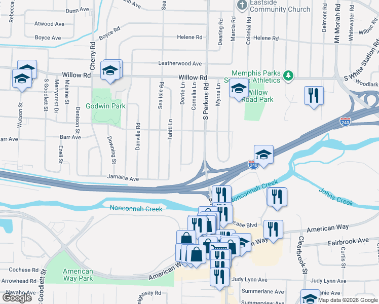 map of restaurants, bars, coffee shops, grocery stores, and more near 1871 Cornelia Lane in Memphis