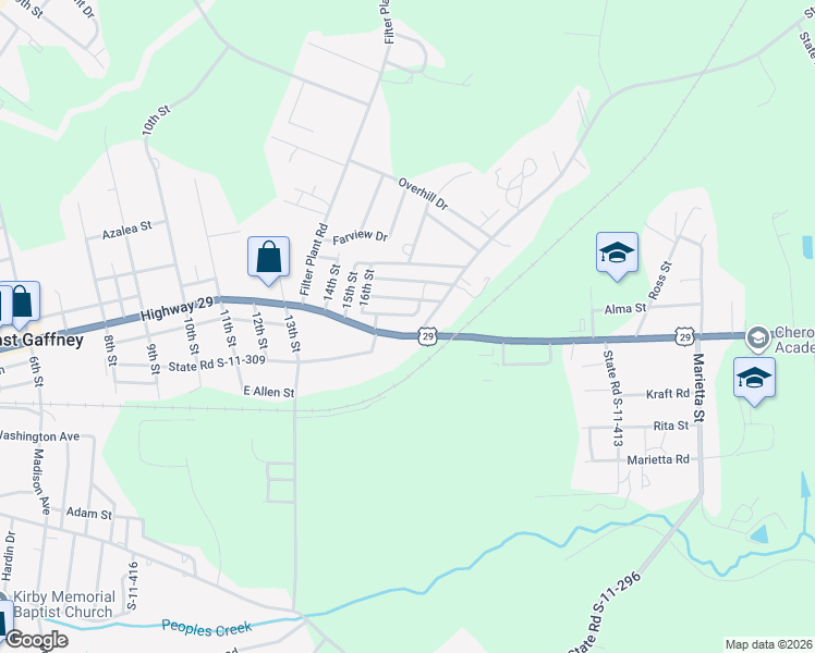 map of restaurants, bars, coffee shops, grocery stores, and more near 2421 Cherokee Ave in Gaffney