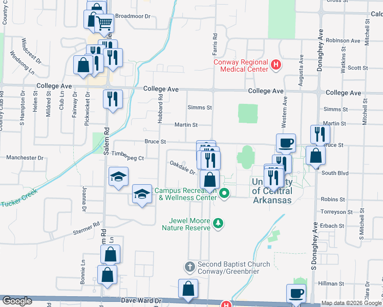 map of restaurants, bars, coffee shops, grocery stores, and more near 7 Birchwood Drive in Conway
