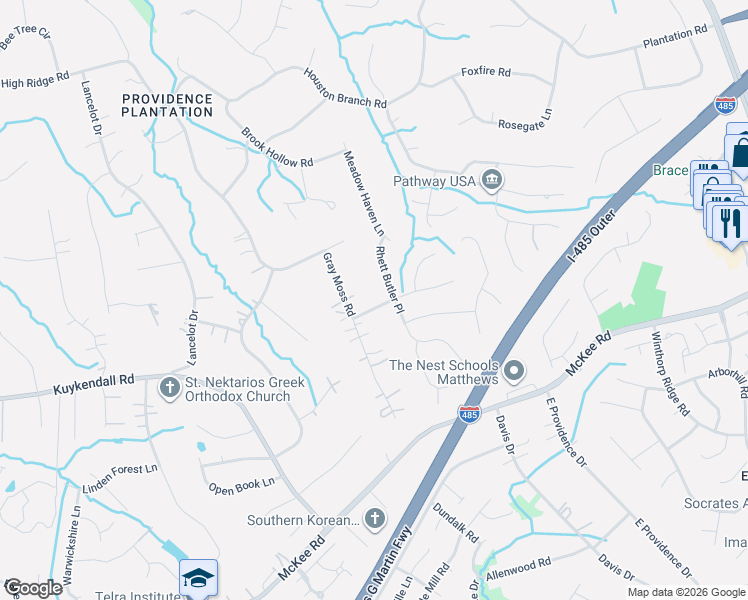 map of restaurants, bars, coffee shops, grocery stores, and more near 2402 Beaucatcher Lane in Charlotte
