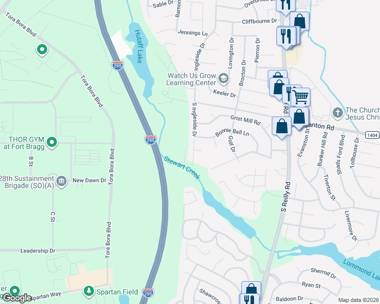 map of restaurants, bars, coffee shops, grocery stores, and more near 198 South Ingleside Drive in Fayetteville