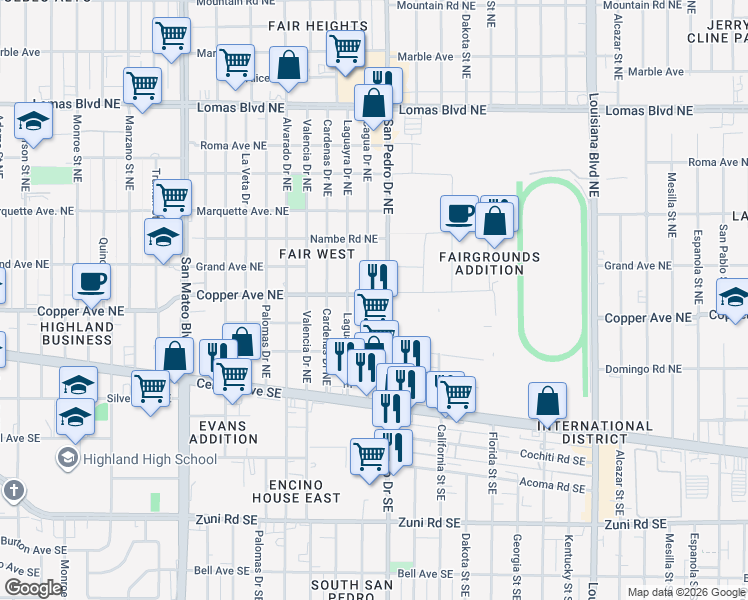 map of restaurants, bars, coffee shops, grocery stores, and more near 237 San Pedro Drive Northeast in Albuquerque
