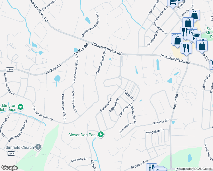 map of restaurants, bars, coffee shops, grocery stores, and more near 1135 Stonedown Lane in Matthews