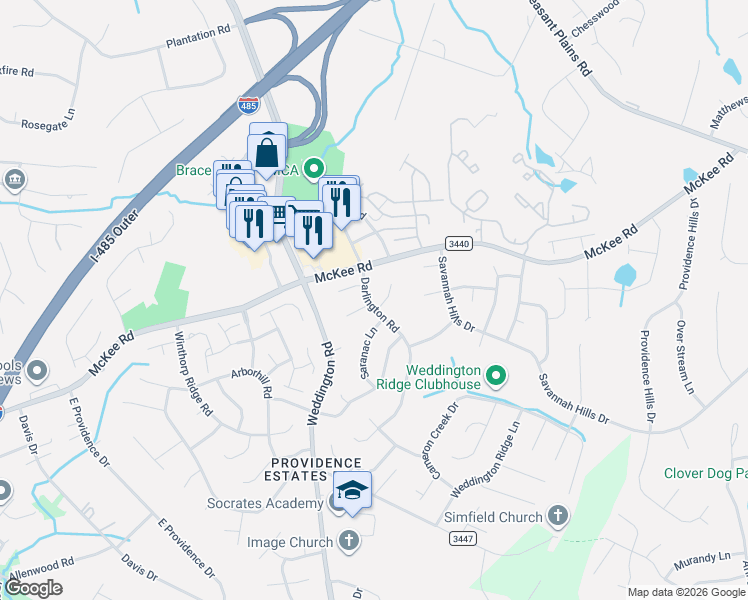 map of restaurants, bars, coffee shops, grocery stores, and more near 3239 Darlington Road in Matthews