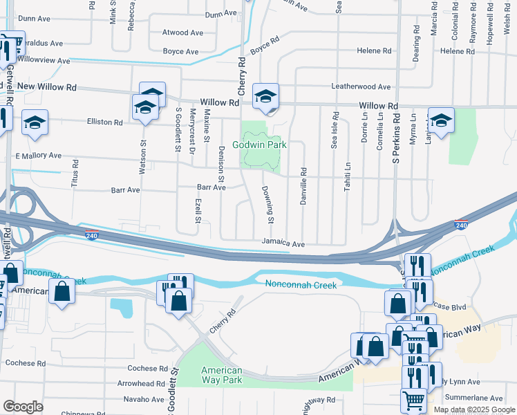map of restaurants, bars, coffee shops, grocery stores, and more near 1870 Cherry Road in Memphis