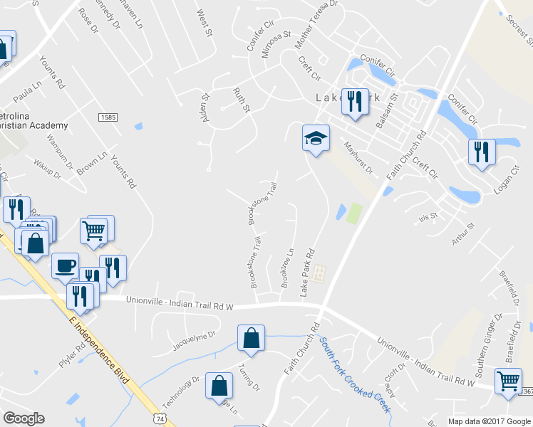 map of restaurants, bars, coffee shops, grocery stores, and more near 4600 Babbling Brook Court in Indian Trail