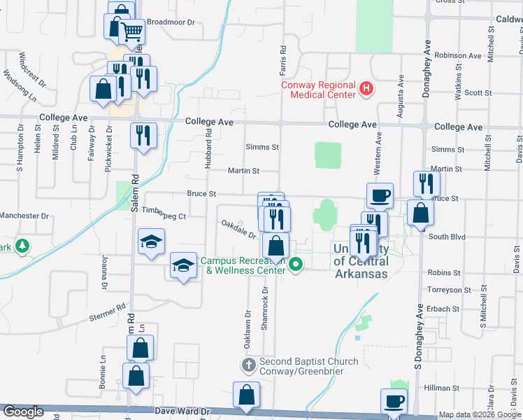 map of restaurants, bars, coffee shops, grocery stores, and more near 7 Birchwood Drive in Conway