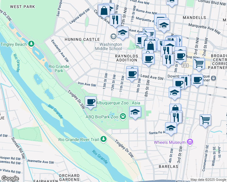 map of restaurants, bars, coffee shops, grocery stores, and more near 1112 Iron Avenue Southwest in Albuquerque