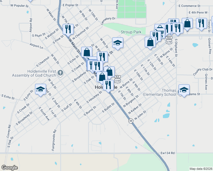 map of restaurants, bars, coffee shops, grocery stores, and more near 100 North Hinckley Street in Holdenville