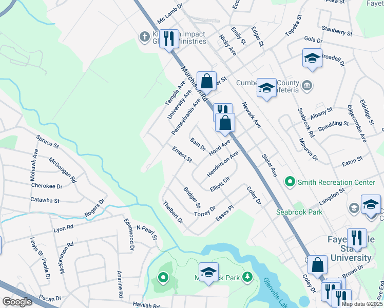 map of restaurants, bars, coffee shops, grocery stores, and more near 1909 Ernest Street in Fayetteville
