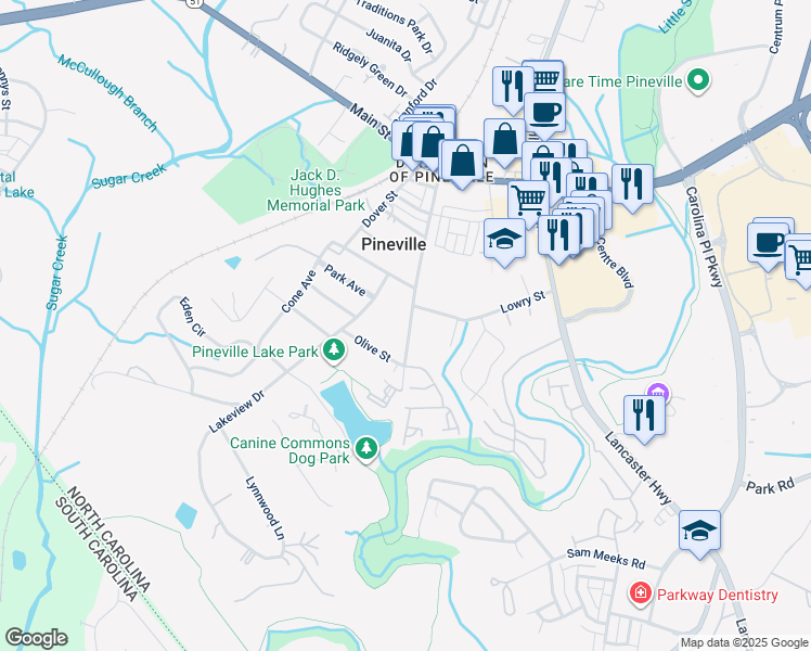 map of restaurants, bars, coffee shops, grocery stores, and more near 706 Johnston Drive in Pineville