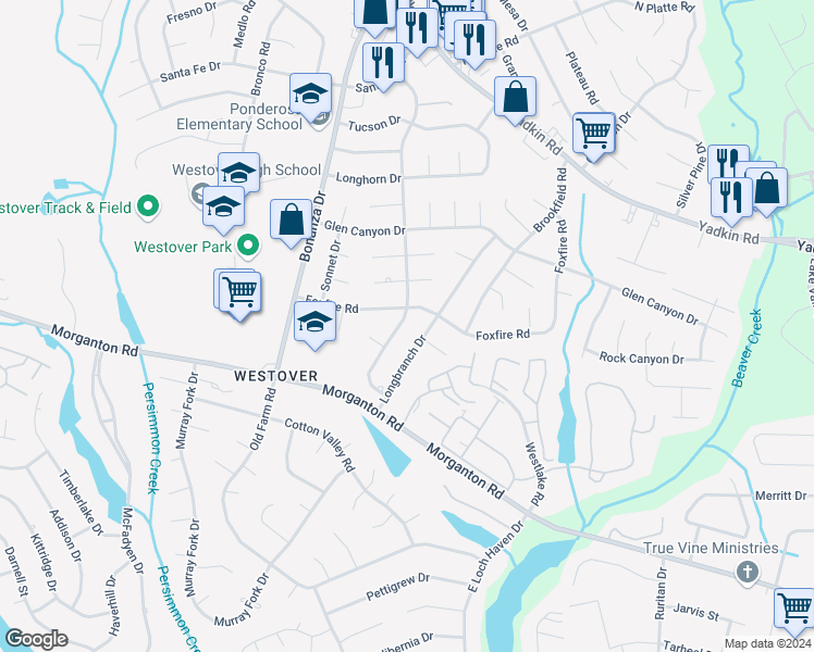 map of restaurants, bars, coffee shops, grocery stores, and more near 5146 Wichita Drive in Fayetteville