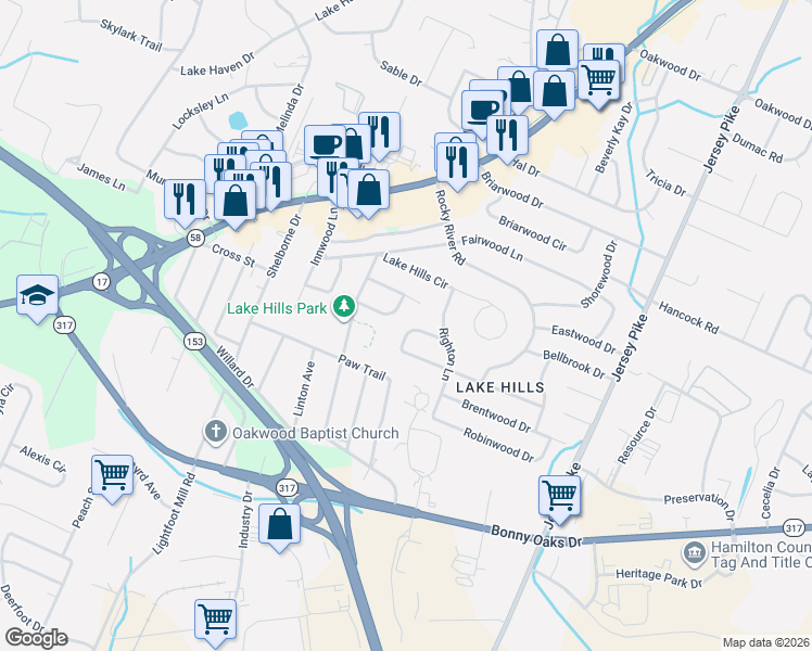 map of restaurants, bars, coffee shops, grocery stores, and more near 4609 Fairbluff Lane in Chattanooga