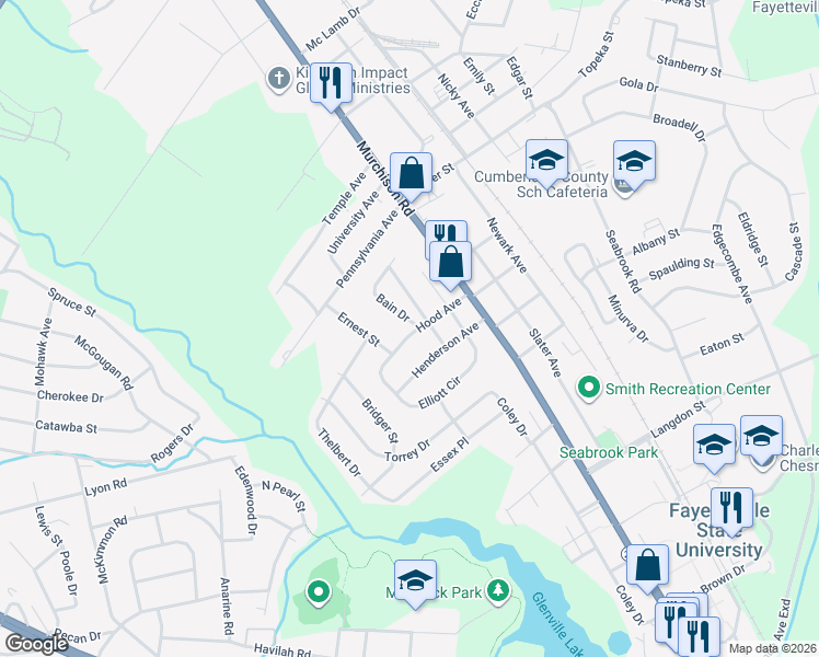 map of restaurants, bars, coffee shops, grocery stores, and more near 1104 Hood Avenue in Fayetteville