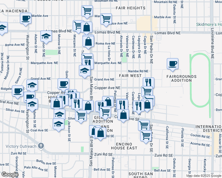 map of restaurants, bars, coffee shops, grocery stores, and more near 320 La Veta Drive in Albuquerque