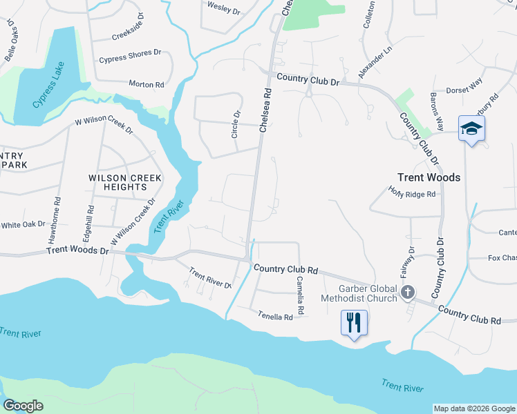 map of restaurants, bars, coffee shops, grocery stores, and more near 602 Chelsea Road in Trent Woods