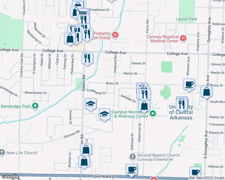 map of restaurants, bars, coffee shops, grocery stores, and more near 215 Hubbard Road in Conway