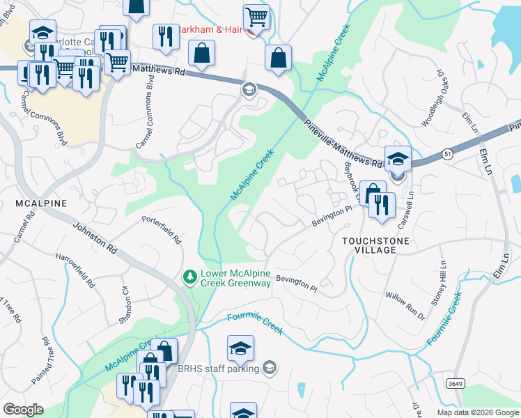 map of restaurants, bars, coffee shops, grocery stores, and more near 7107 Bevington Woods Lane in Charlotte
