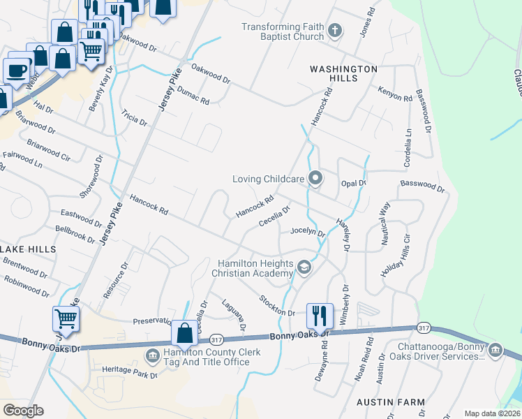 map of restaurants, bars, coffee shops, grocery stores, and more near 7738 Hancock Road in Chattanooga