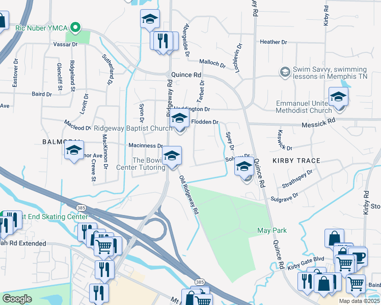 map of restaurants, bars, coffee shops, grocery stores, and more near 2501 Tarbet Drive in Memphis