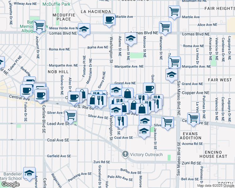 map of restaurants, bars, coffee shops, grocery stores, and more near 205 Adams Street Southeast in Albuquerque