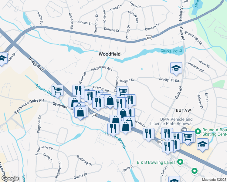 map of restaurants, bars, coffee shops, grocery stores, and more near 3502 Drayton Road in Fayetteville