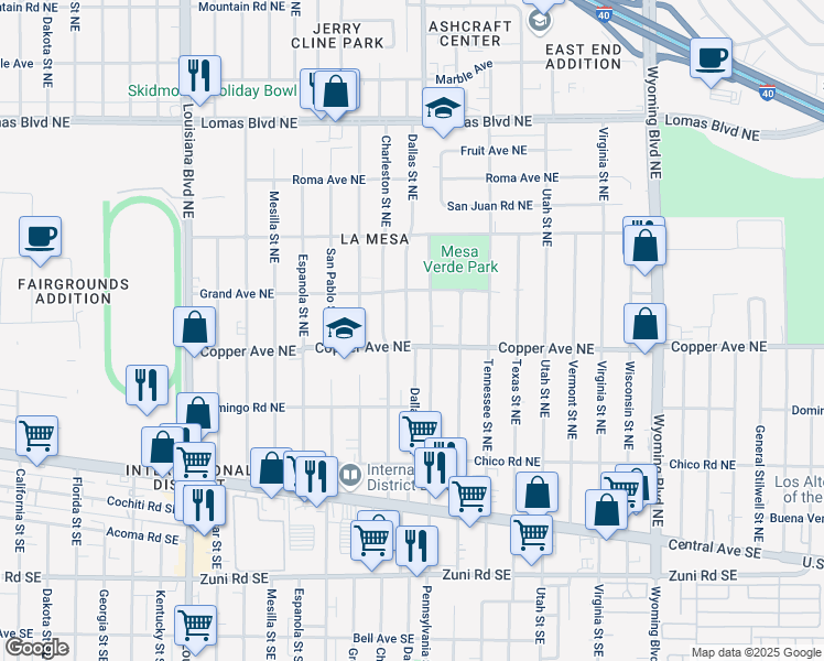map of restaurants, bars, coffee shops, grocery stores, and more near 408 Dallas Street Northeast in Albuquerque