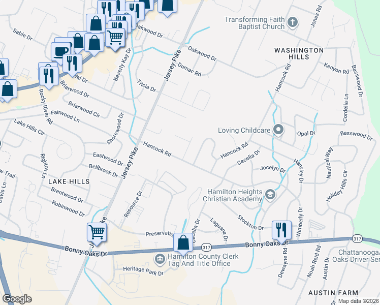map of restaurants, bars, coffee shops, grocery stores, and more near 4626 Heiskell Drive in Chattanooga