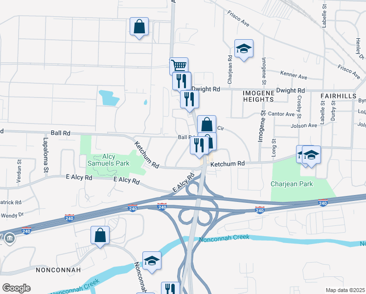 map of restaurants, bars, coffee shops, grocery stores, and more near 2381 Lindbergh Road in Memphis