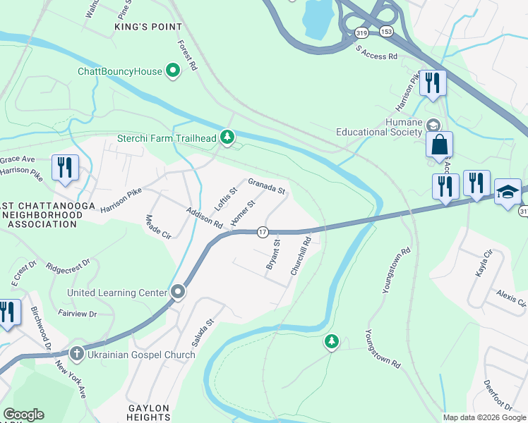map of restaurants, bars, coffee shops, grocery stores, and more near 4051 Glencoe Street in Chattanooga