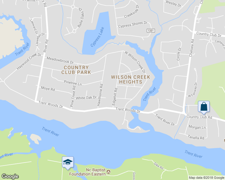 map of restaurants, bars, coffee shops, grocery stores, and more near 405 Edgehill Road in New Bern