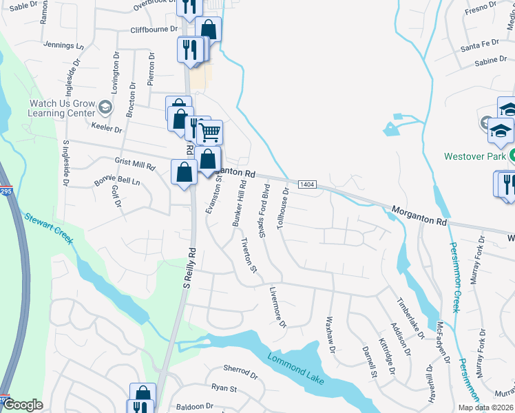 map of restaurants, bars, coffee shops, grocery stores, and more near 118 Shads Ford Boulevard in Fayetteville