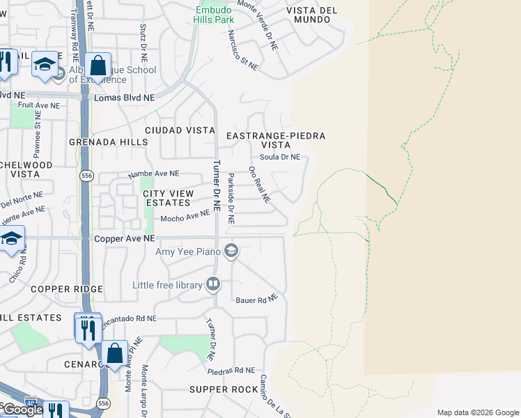 map of restaurants, bars, coffee shops, grocery stores, and more near 14337 Mocho Avenue Northeast in Albuquerque