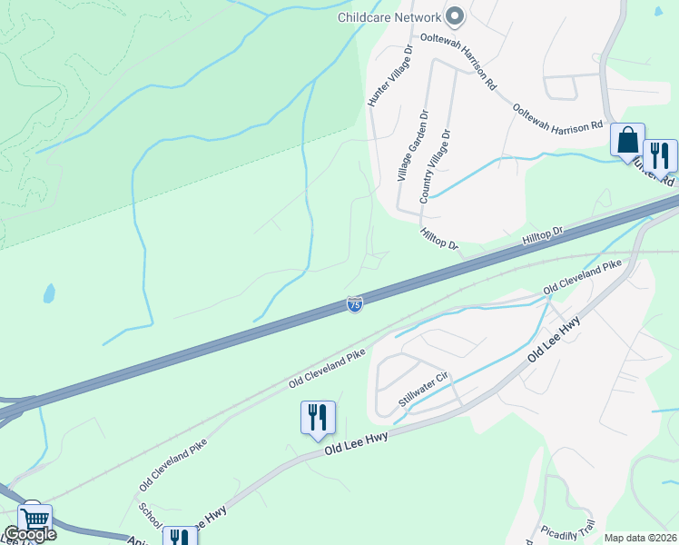 map of restaurants, bars, coffee shops, grocery stores, and more near 5046 Hunter Village Drive in Ooltewah
