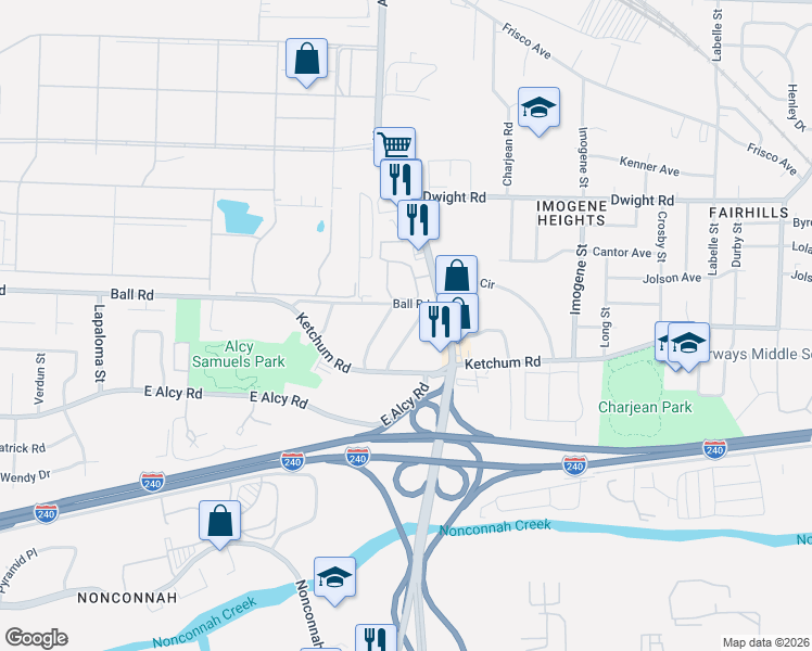 map of restaurants, bars, coffee shops, grocery stores, and more near 2381 Lindbergh Road in Memphis