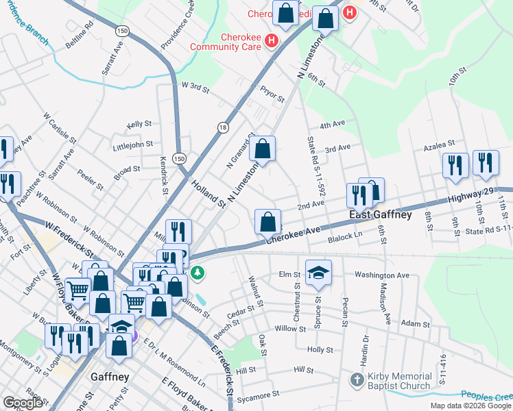 map of restaurants, bars, coffee shops, grocery stores, and more near 16 1st Street in Gaffney