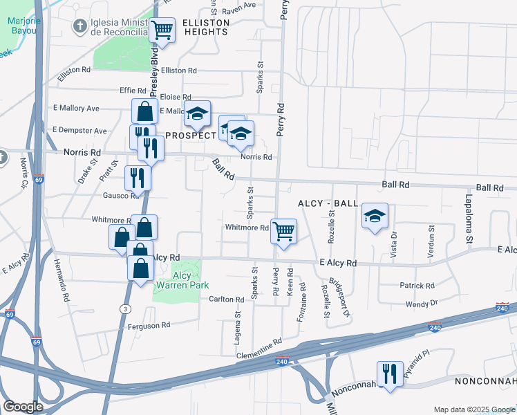 map of restaurants, bars, coffee shops, grocery stores, and more near 1532 Gausco Rd in Memphis
