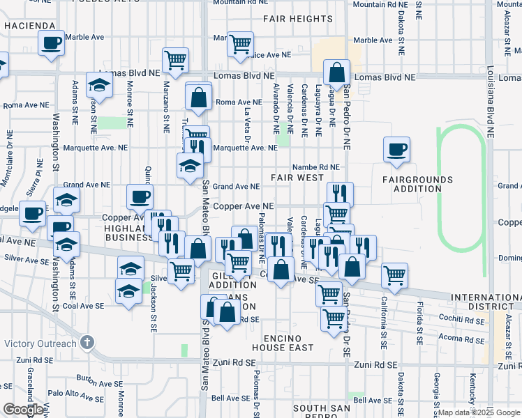 map of restaurants, bars, coffee shops, grocery stores, and more near 317 Alvarado Drive Northeast in Albuquerque