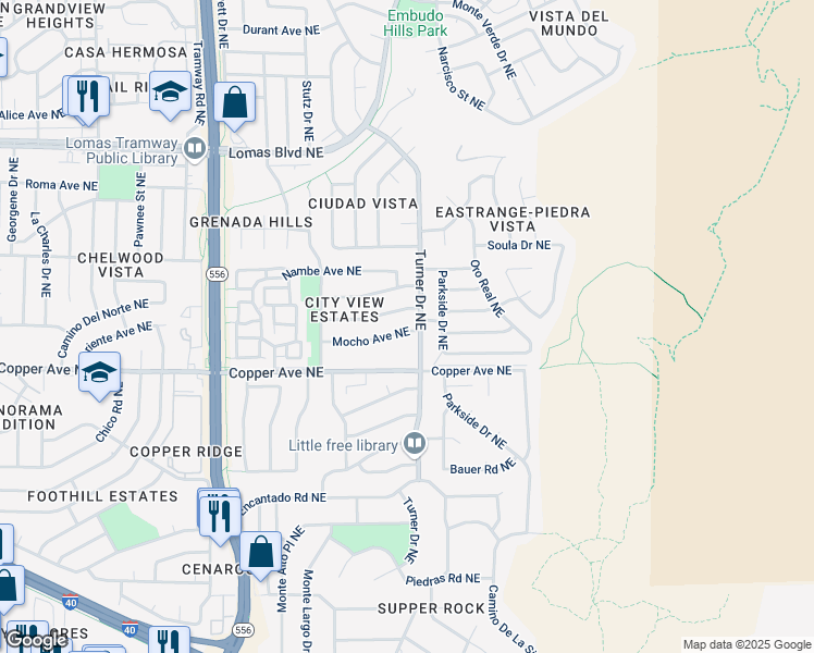 map of restaurants, bars, coffee shops, grocery stores, and more near 14229 Mocho Avenue Northeast in Albuquerque