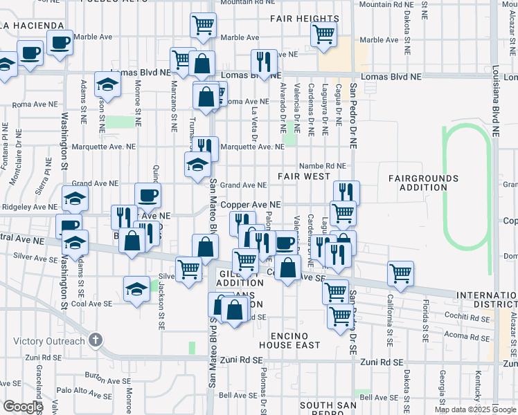 map of restaurants, bars, coffee shops, grocery stores, and more near 5500 Copper Avenue Northeast in Albuquerque
