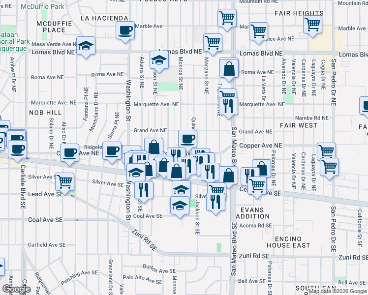 map of restaurants, bars, coffee shops, grocery stores, and more near 203 Quincy Street Northeast in Albuquerque