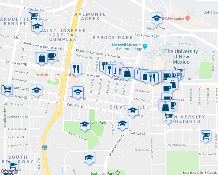 map of restaurants, bars, coffee shops, grocery stores, and more near 202 Maple Street Southeast in Albuquerque