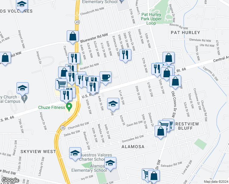 map of restaurants, bars, coffee shops, grocery stores, and more near 6116 Central Avenue Southwest in Albuquerque