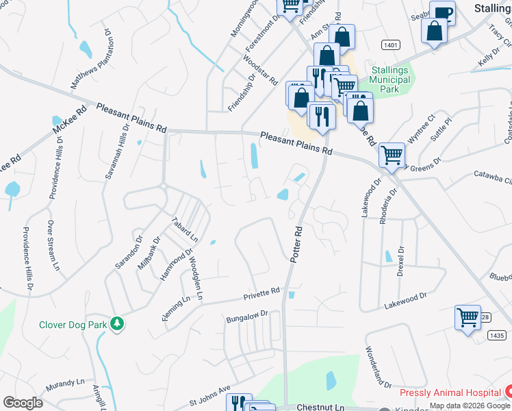 map of restaurants, bars, coffee shops, grocery stores, and more near 621 Gelderland Drive in Matthews