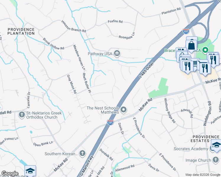 map of restaurants, bars, coffee shops, grocery stores, and more near 3410 12 Oaks Place in Charlotte